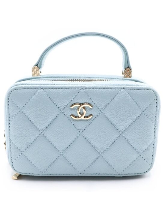 Chanel Handbags - Chanel Quilted Vanity Chain Shoulder Bag Gold Caviar Leather Light Blue